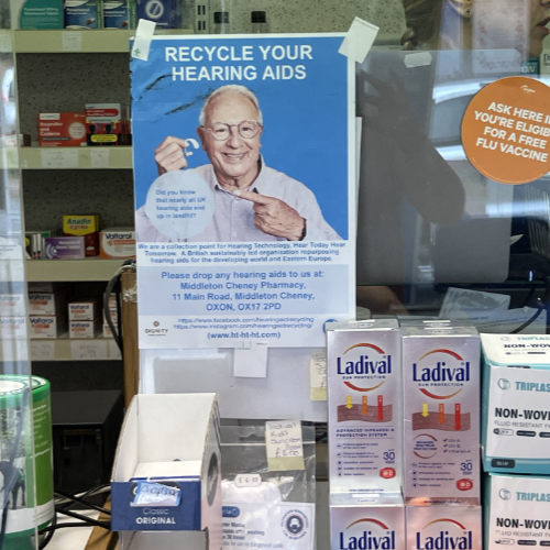 Pharmacy hearing aid recycling, pharmacy acting as donation point.