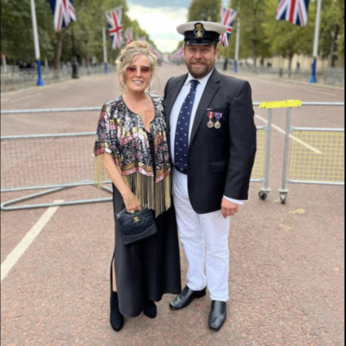 Angie Jenkison and Mark Taylor all dressed in London