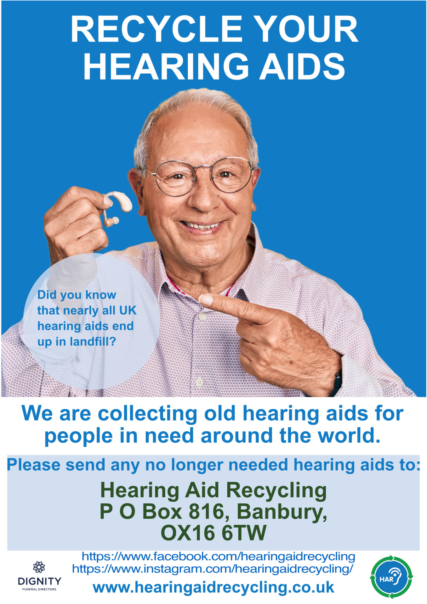 Donate hearing aids for hearing aid recycling by posting them in.