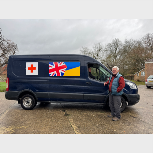 Tony Souter with the van for Ukraine taking recycled hearing aids to help others hear